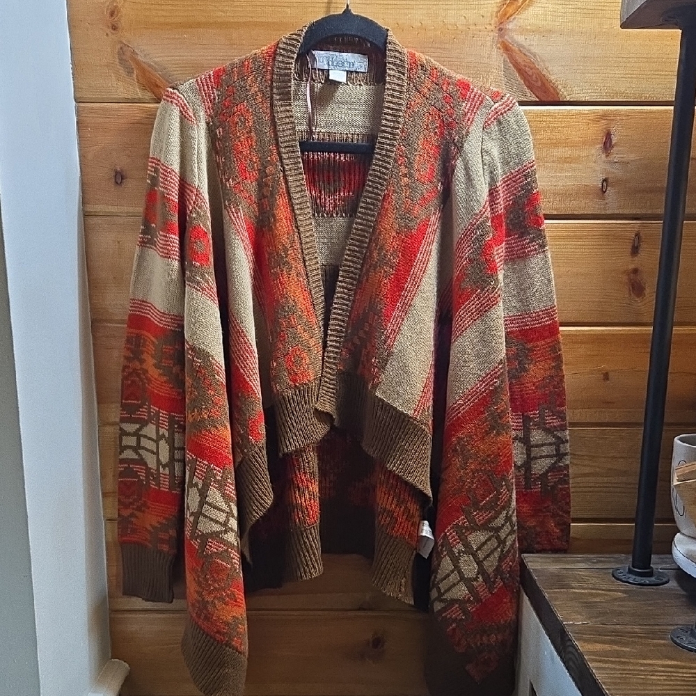 By Design Oversized Small Boho Vibes Red and Brown Women's Cardigan 0001